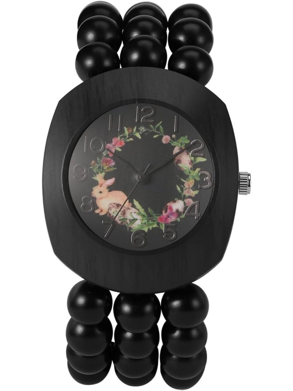 Women's Black Boho Wood Bead Wreath Dial Floral Quartz Elastic Band Casual Watch
